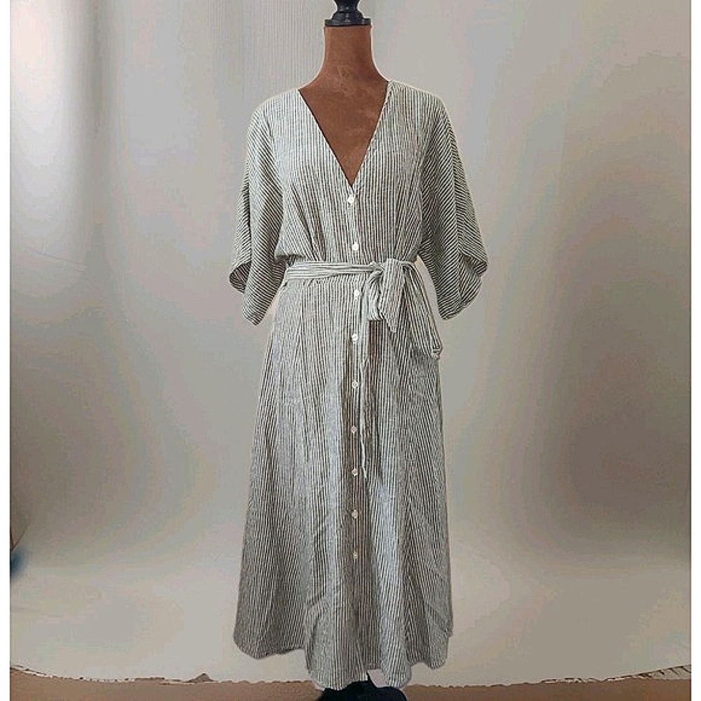 Mango Dress Striped Button Front Midi Belt Pocket Green White Size L Casual